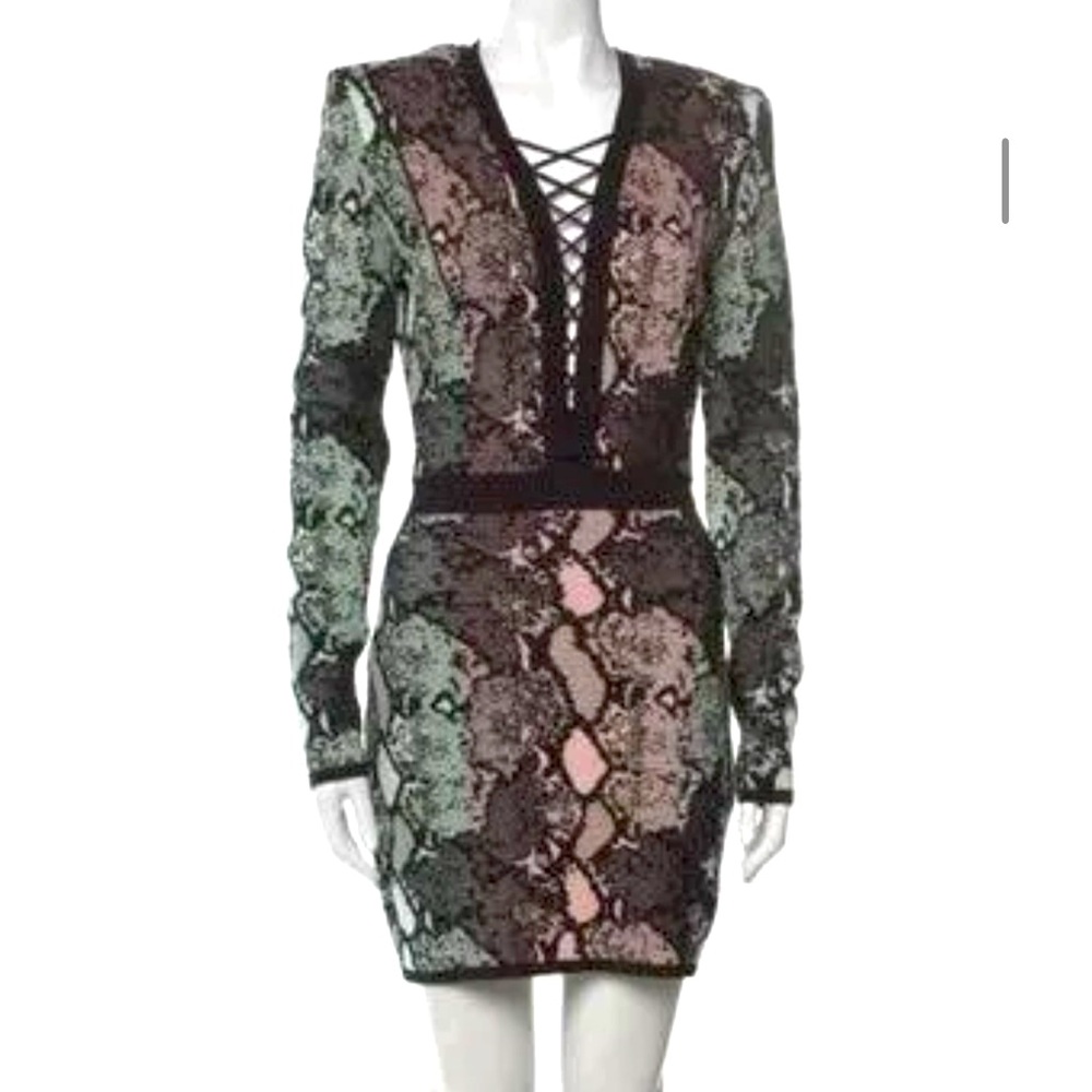 Balmain Monochrome Snake Print Long Sleeve Dress